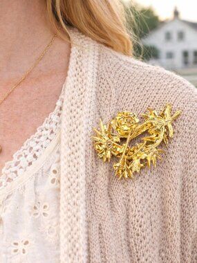 Vintage Gold Tone Cross Pendant + Brooch Set CZ Amber Ornate